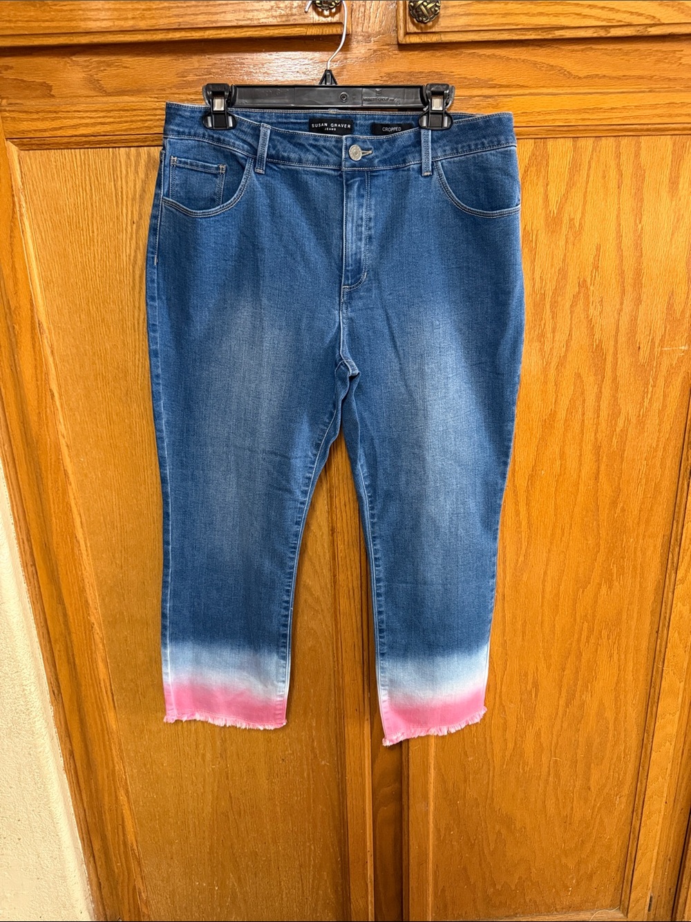 Susan Graver Blue Denim Ankle Jeans with Pink Ombre Hem